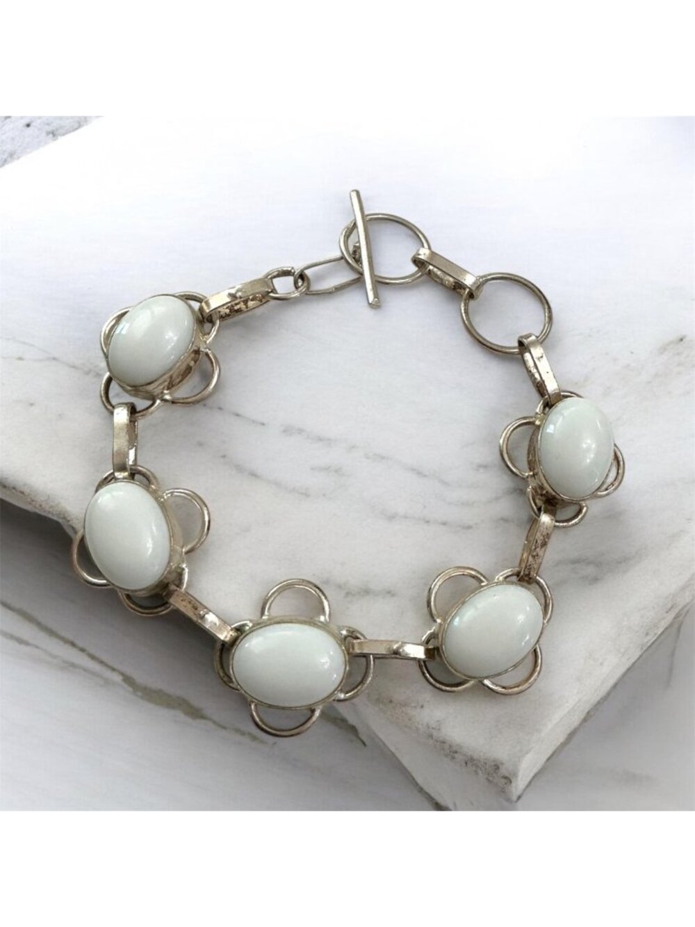 Egyptian Revival Sterling Silver Bracelet With White Cabochons Adjustable